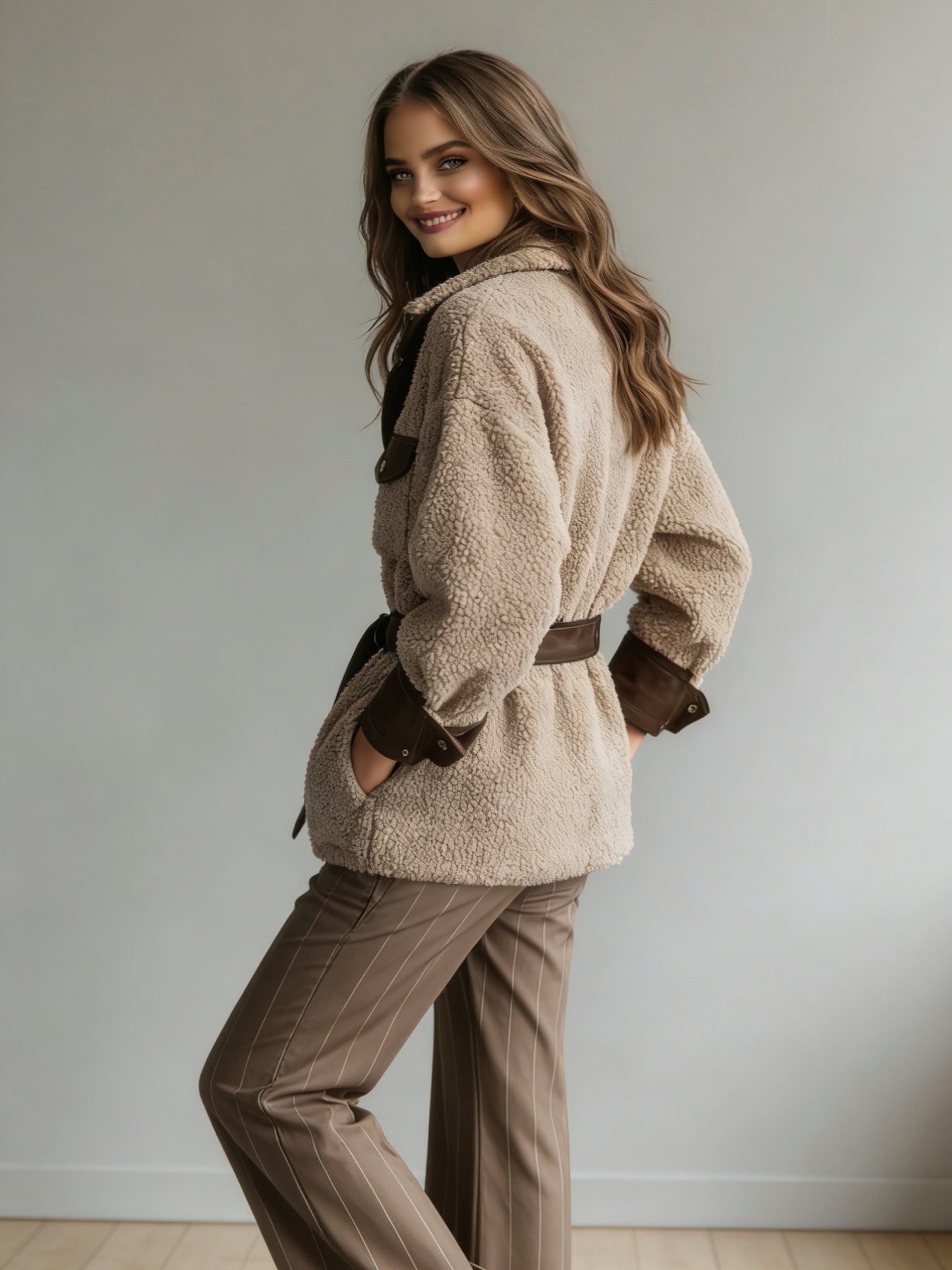 Women's Vintage PU Leather Jacket with Lamb Fur