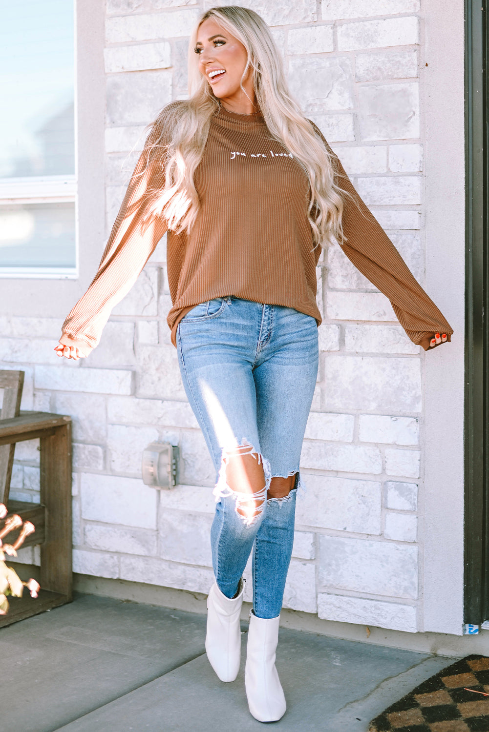 You Are Loved Ribbed Corduroy Long Sleeve Sweatshirt Brown - Image 6