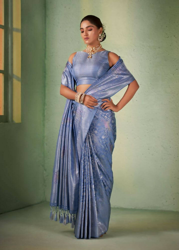 Greyish Blue Kanjivaram Silk saree with intricate weaving and tassel border details
