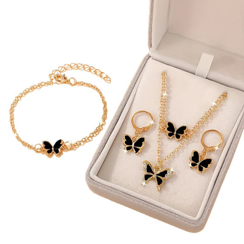 Temu's Best-Selling Double-Layer Stacked Oil-Dropping Butterfly Necklace, Fashionable And Simple Bracelet And Earrings Set Jewelry For Women