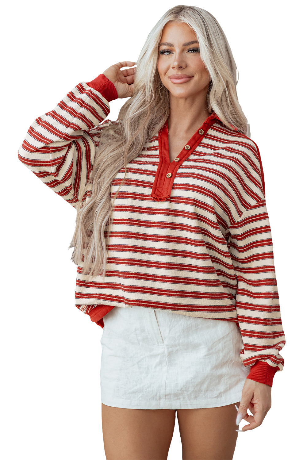 Stripe Buttoned Collared V-Neck Drop Shoulder Top