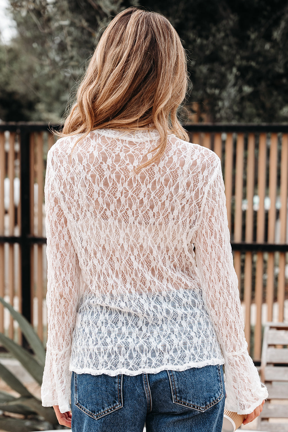 Sheer Lace Bell Sleeve Mock Neck Blouse