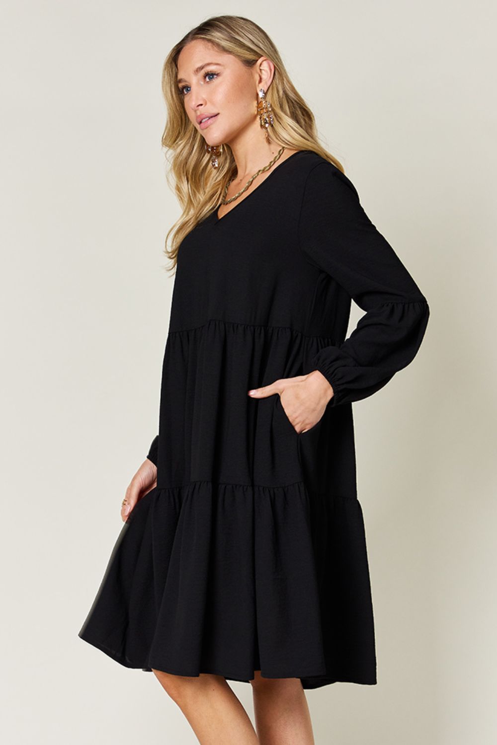 Light Green V-Neck Tiered Midi Dress with Side Pockets