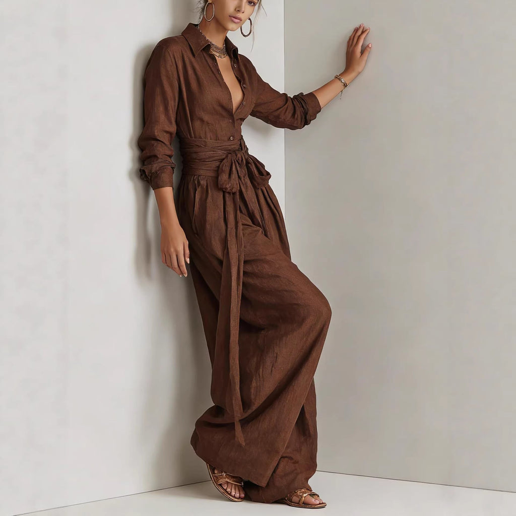 Women Solid Color Long Sleeve Button Down Shirt and Pants Set