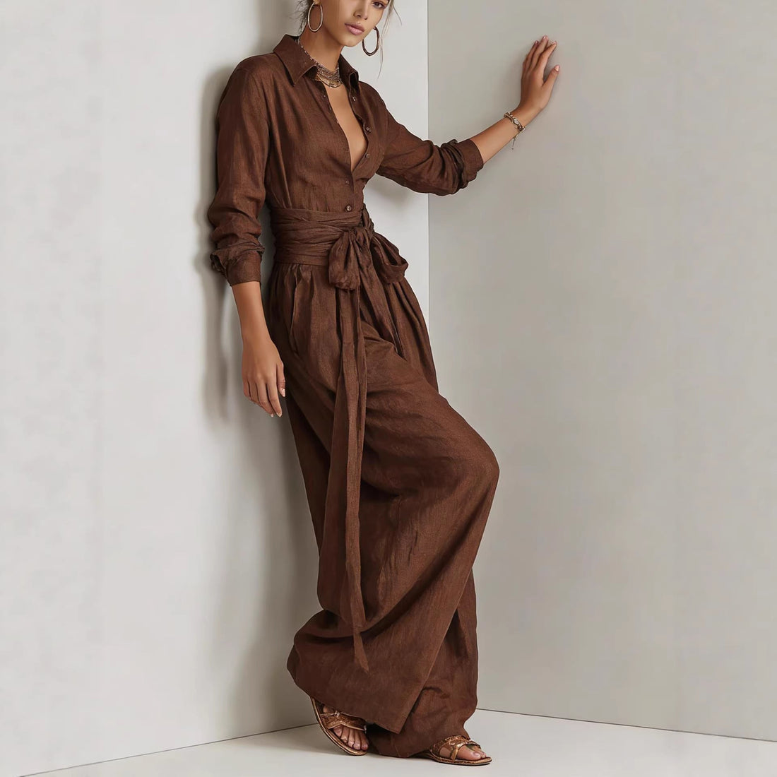 Women Solid Color Long Sleeve Button Down Shirt and Pants Set