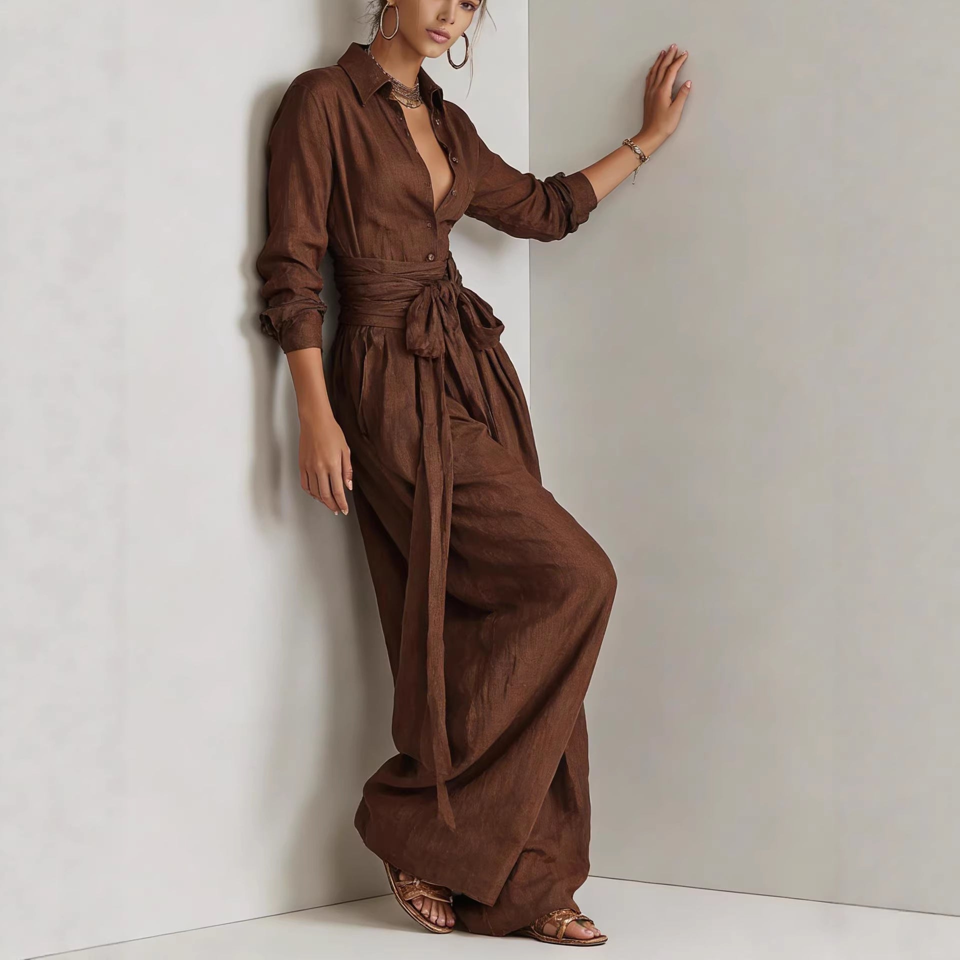 Women Solid Color Long Sleeve Button Down Shirt and Pants Set