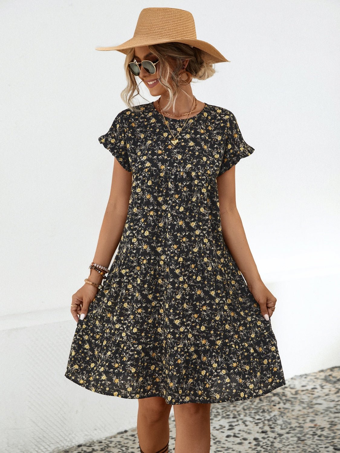 Floral Tiered Short Sleeve Dress