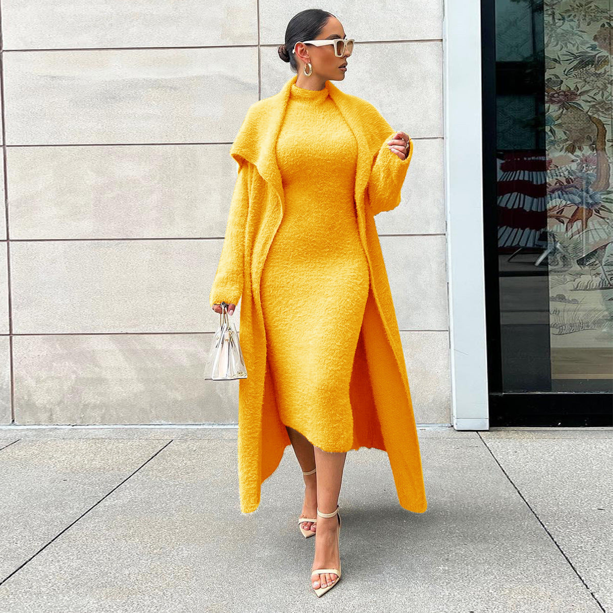 Minimalist Velvet Two-Piece Dress and Long Cardigan Set