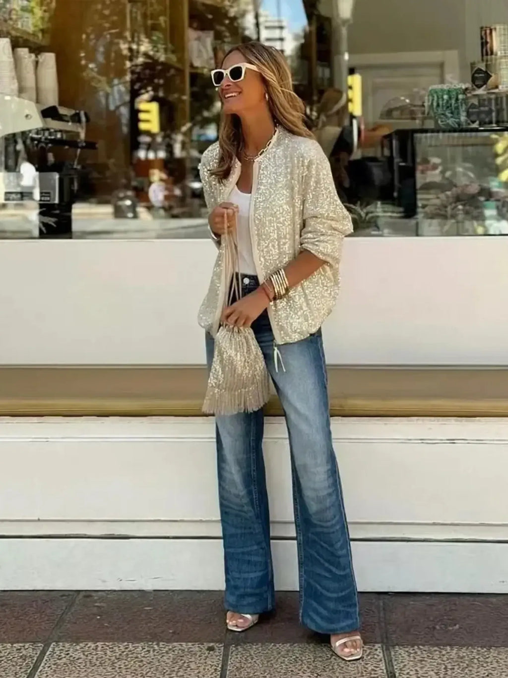 Sequin Zip Up Long Sleeve Jacket