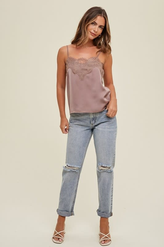 Satin Cami With Lace Trim in Midnight - Relaxed Romantic Fit
