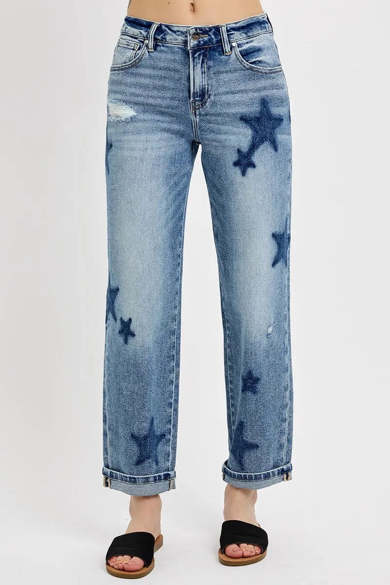 Mid Rise Boyfriend Star Shadow Detail Cuffed Jeans