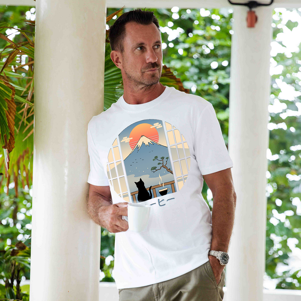 Men's white t-shirt featuring a Coffee Cat and Mt. Fuji graphic print