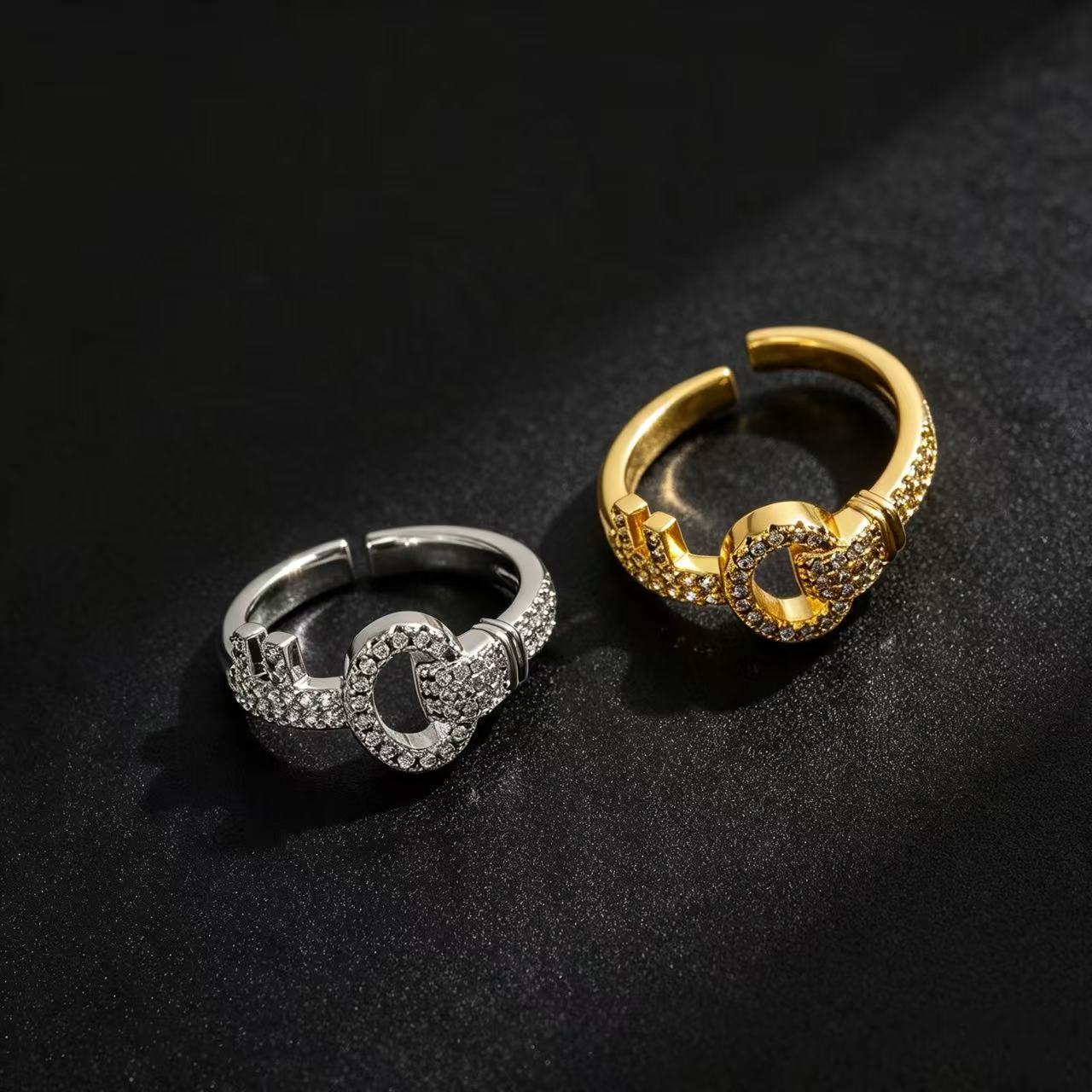 New Trendy Minimalist Textured Micro Pave Zircon Key Ring, Light Luxury Niche Elegant Versatile High Sense Adjustable Finger Ring