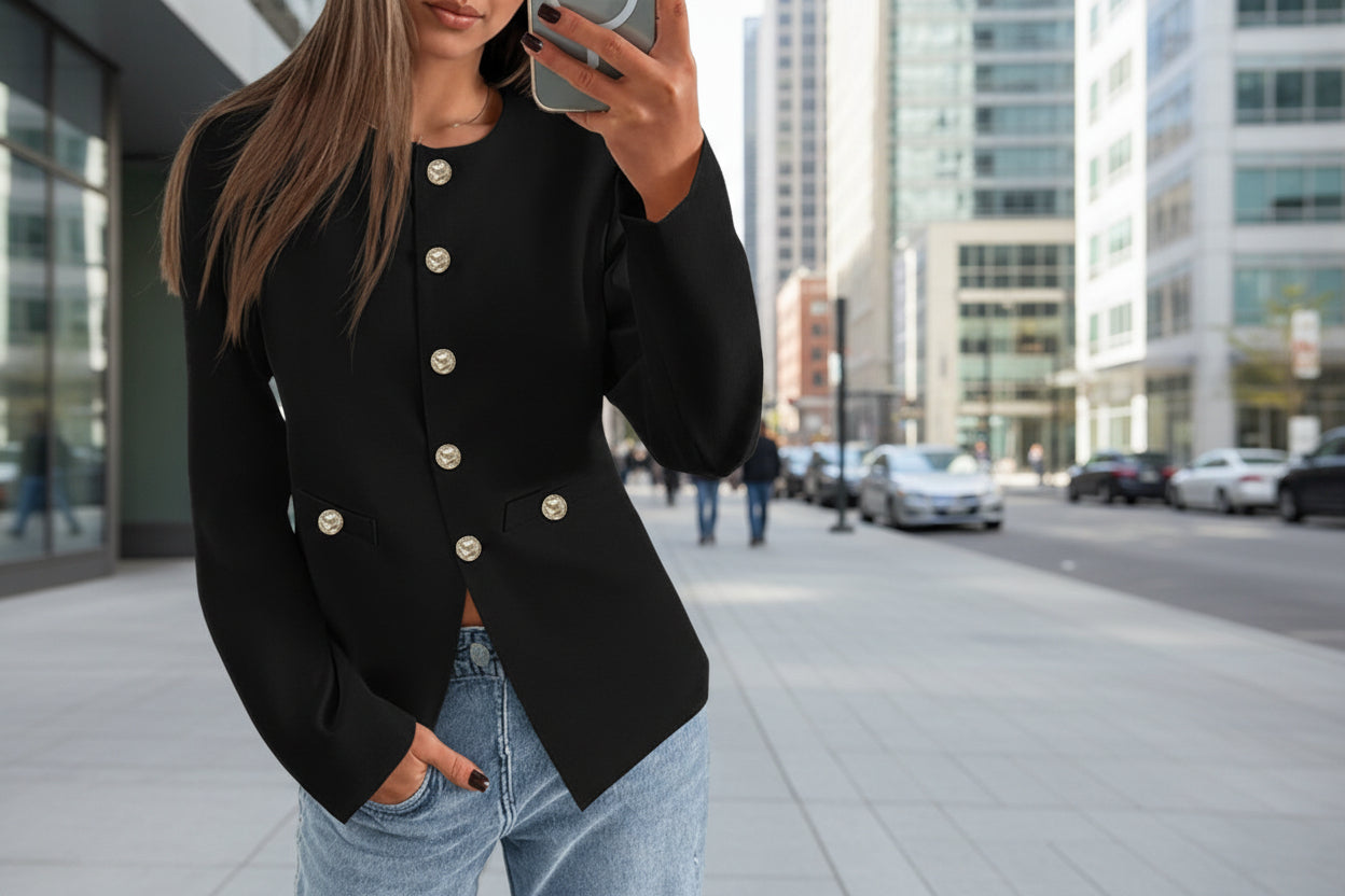 A woman wearing a black long-sleeve round neck button-down cardigan with gold buttons.
