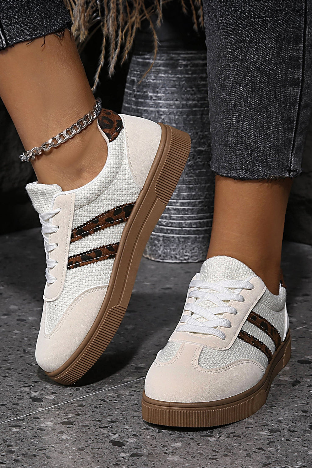 White Leopard Patchwork Woven PU Leather Sneakers