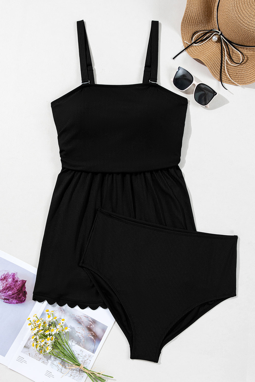 Black Textured Scalloped Trim Swim Dress with Panty