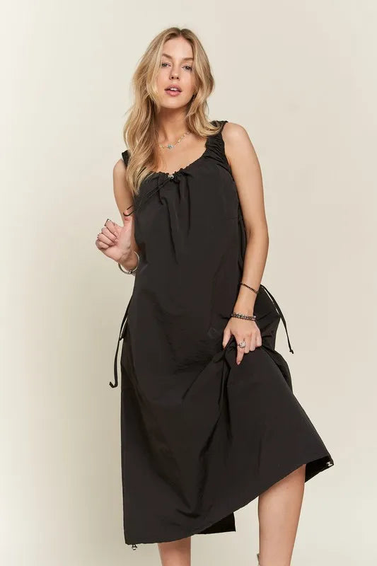 Black Drawstring Slit Back Cargo Summer Dress