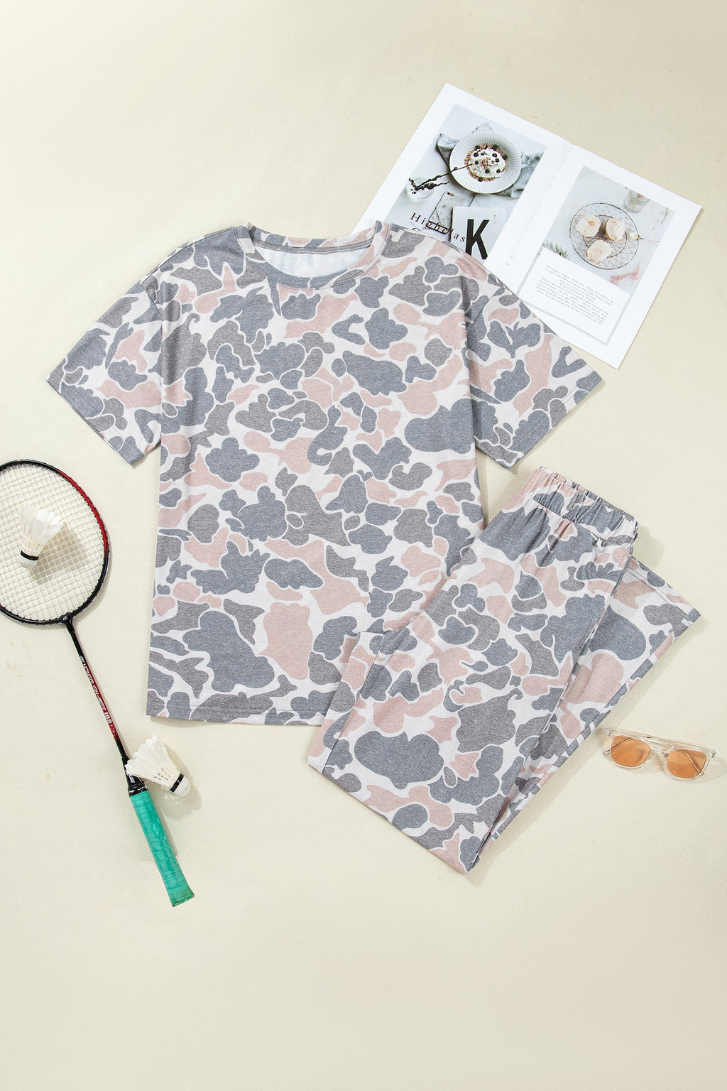 Camo Print Short Sleeve Top and Wide Leg Pant Set - Image 2