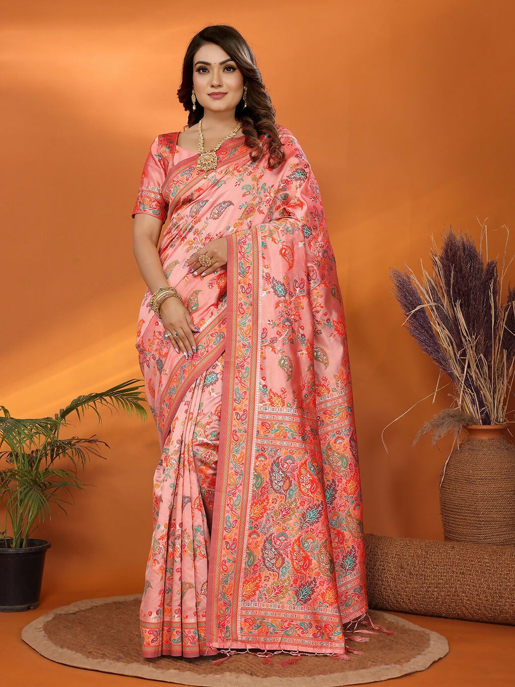 Peach Meena Weaves Pashmina Saree with Unstitched Blouse