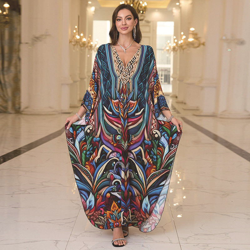Bohemian V-Neck Maxi Beach Dress – Relaxed Fit Resort Wear
