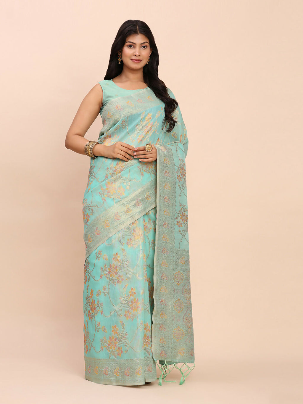 Sea Green Linen Cotton Saree with Matching Blouse Piece