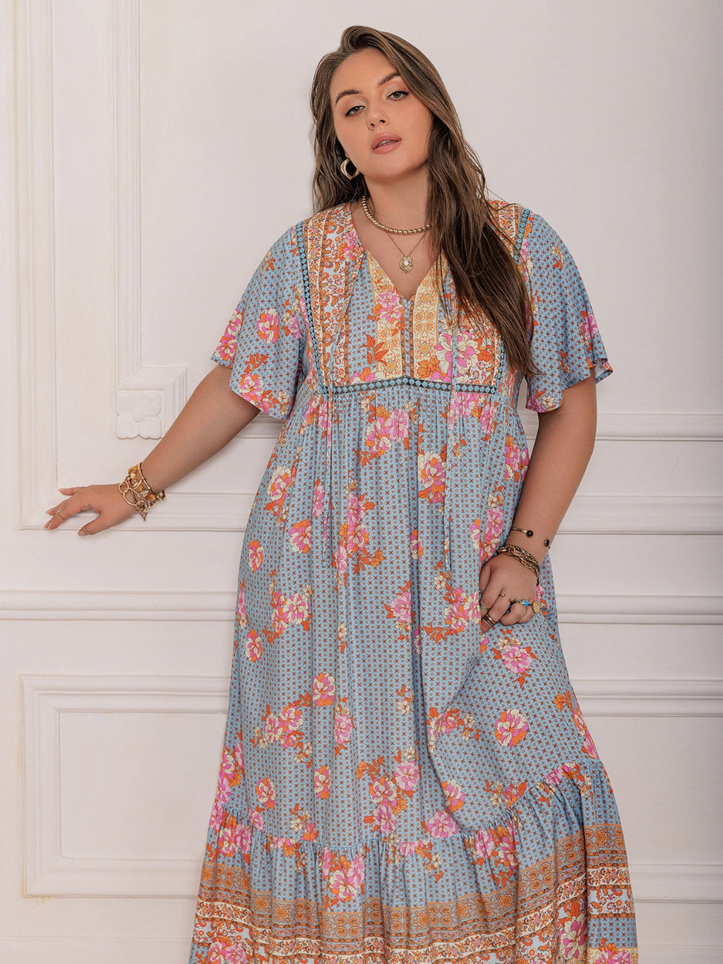 Floral Printed Flutter Sleeve Maxi Dress with Ruched Tie