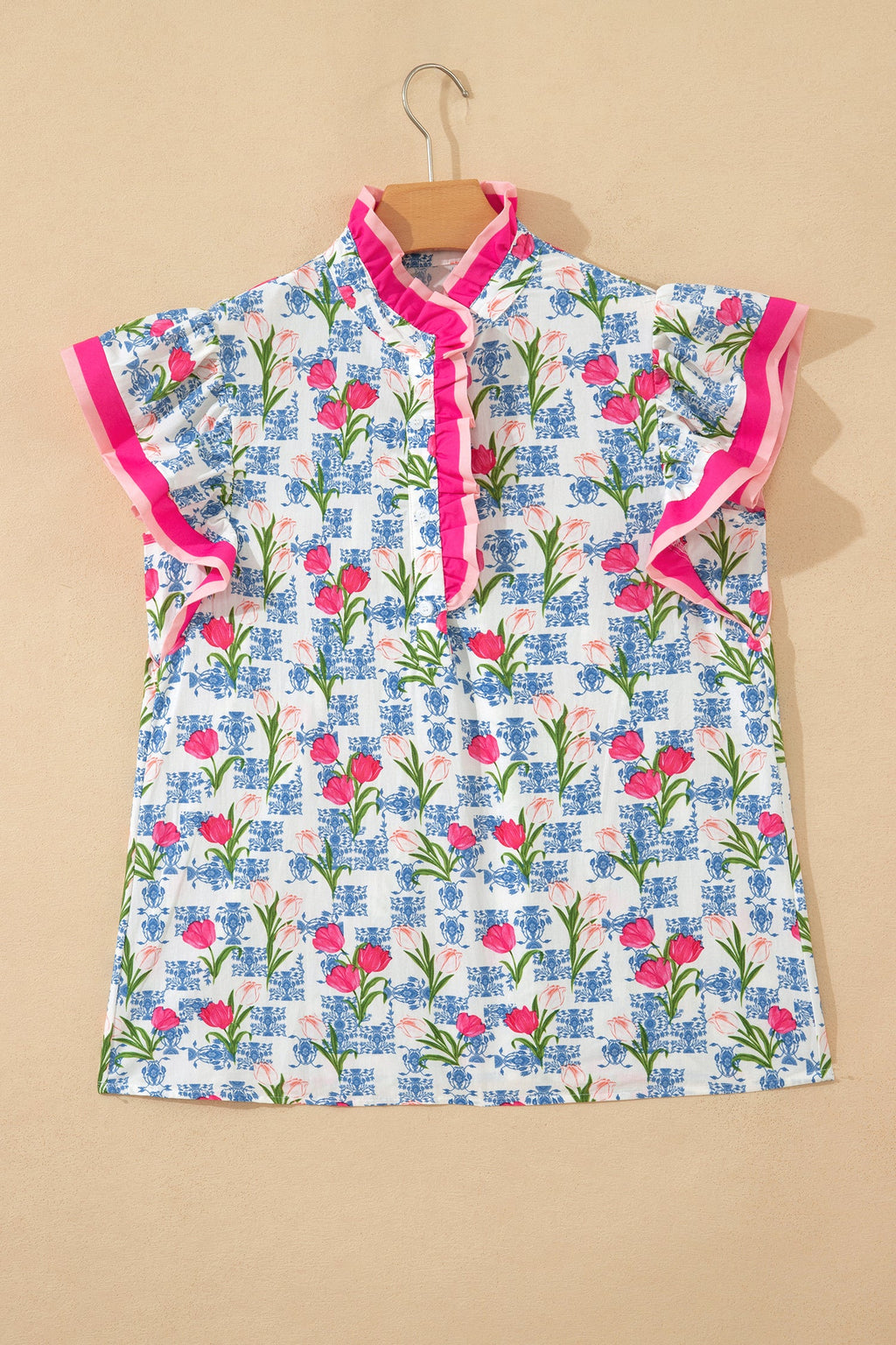 Aya Flutter Sleeve Half Blouse in White, Pink, and Blue