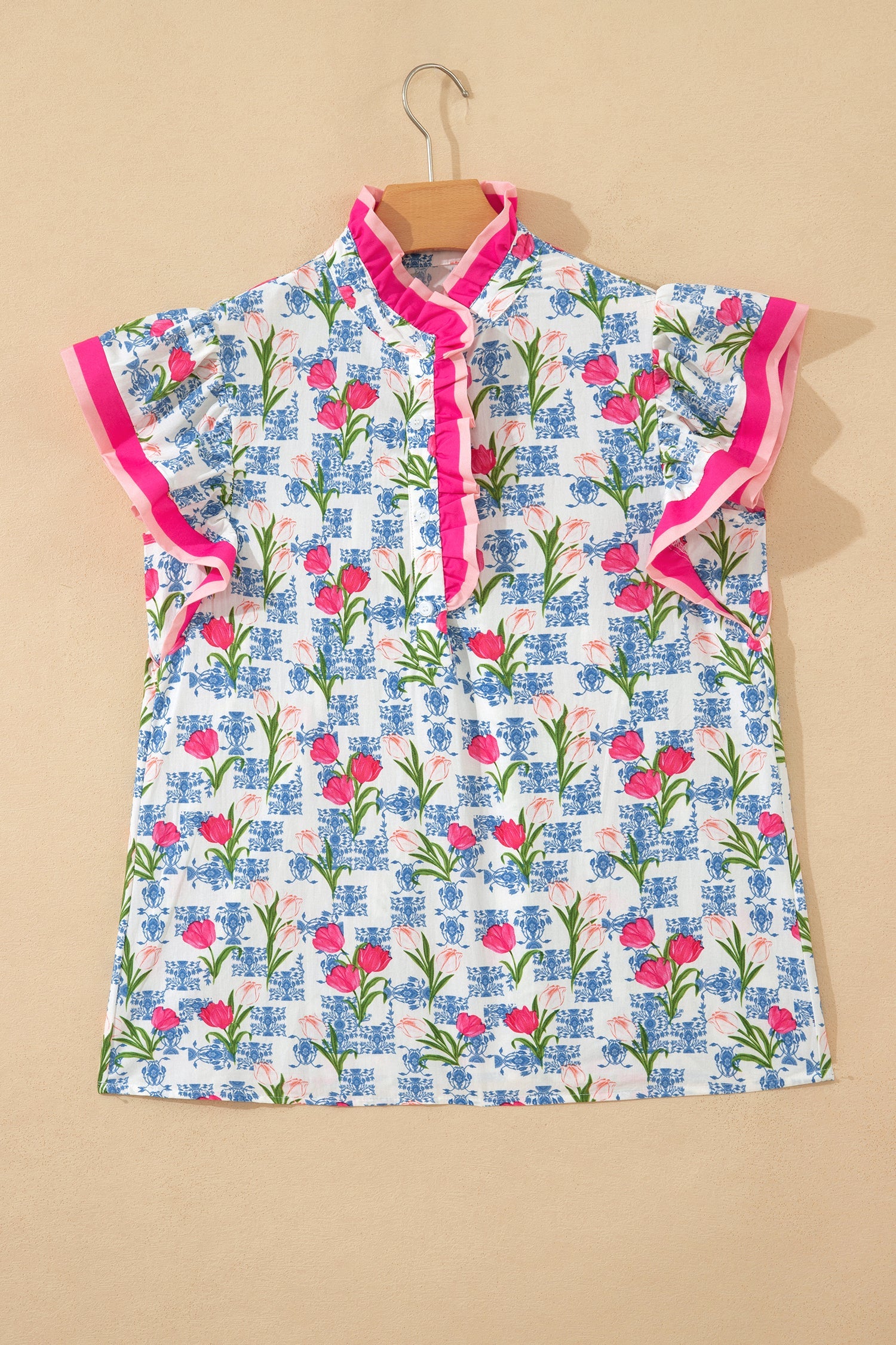 Aya Flutter Sleeve Half Blouse in White, Pink, and Blue