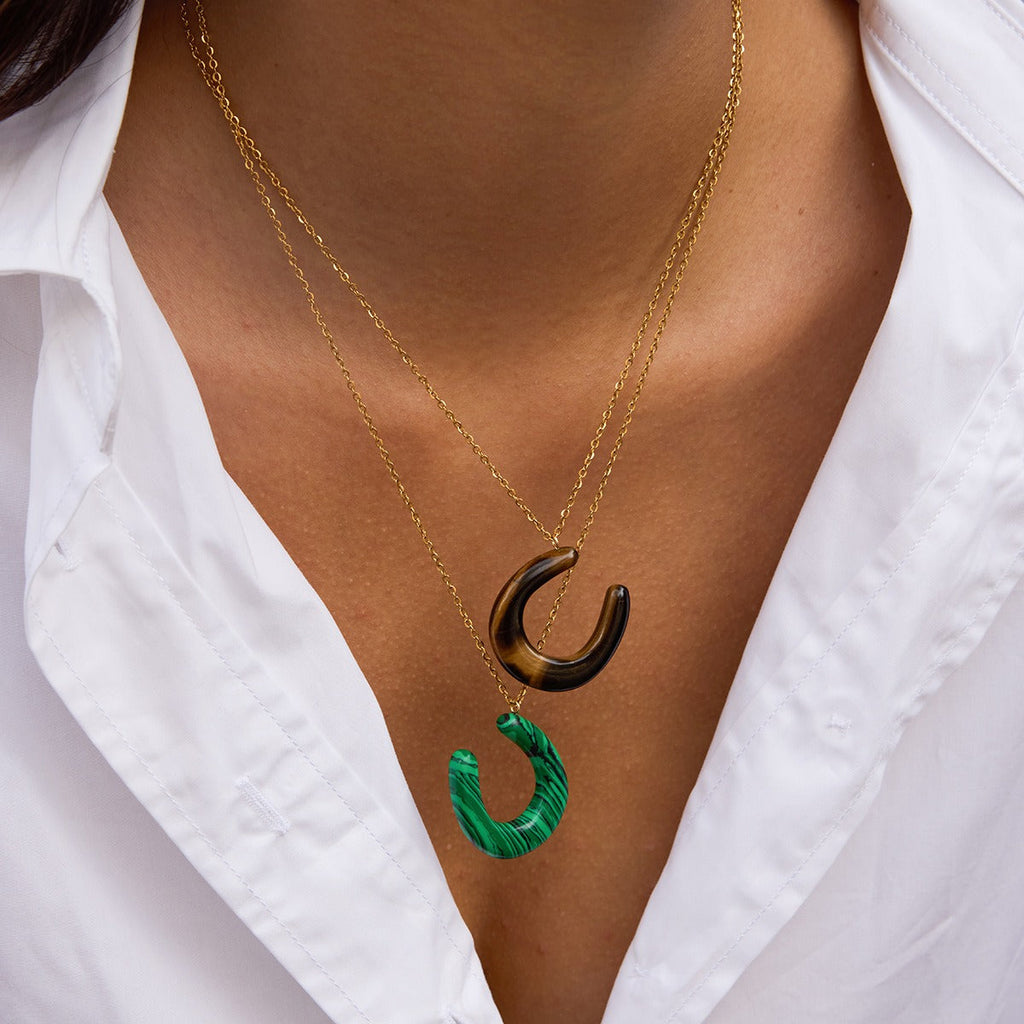 18K Gold Horseshoe Pendant Necklace with Tiger's Eye and Malachite