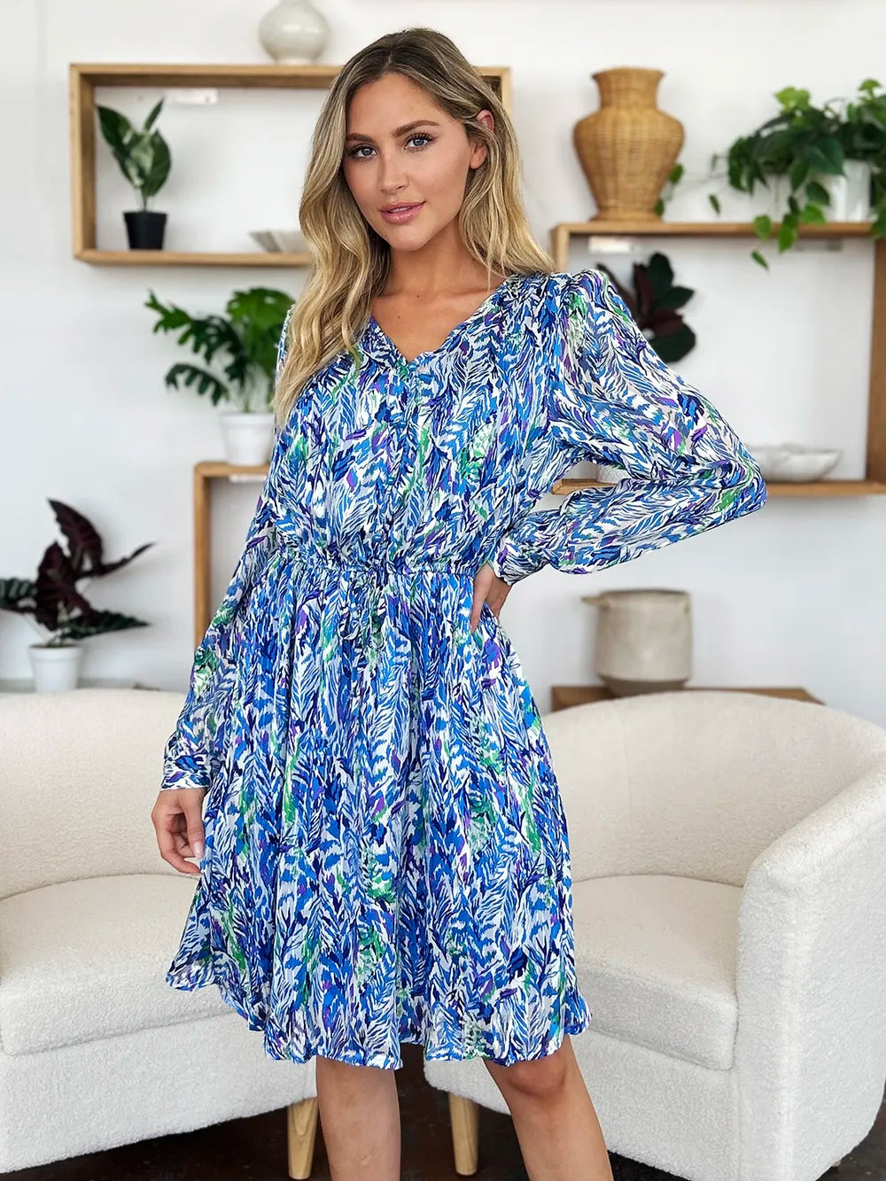 Printed Drawstring Waist Long Sleeve A-Line Dress | V-Neck