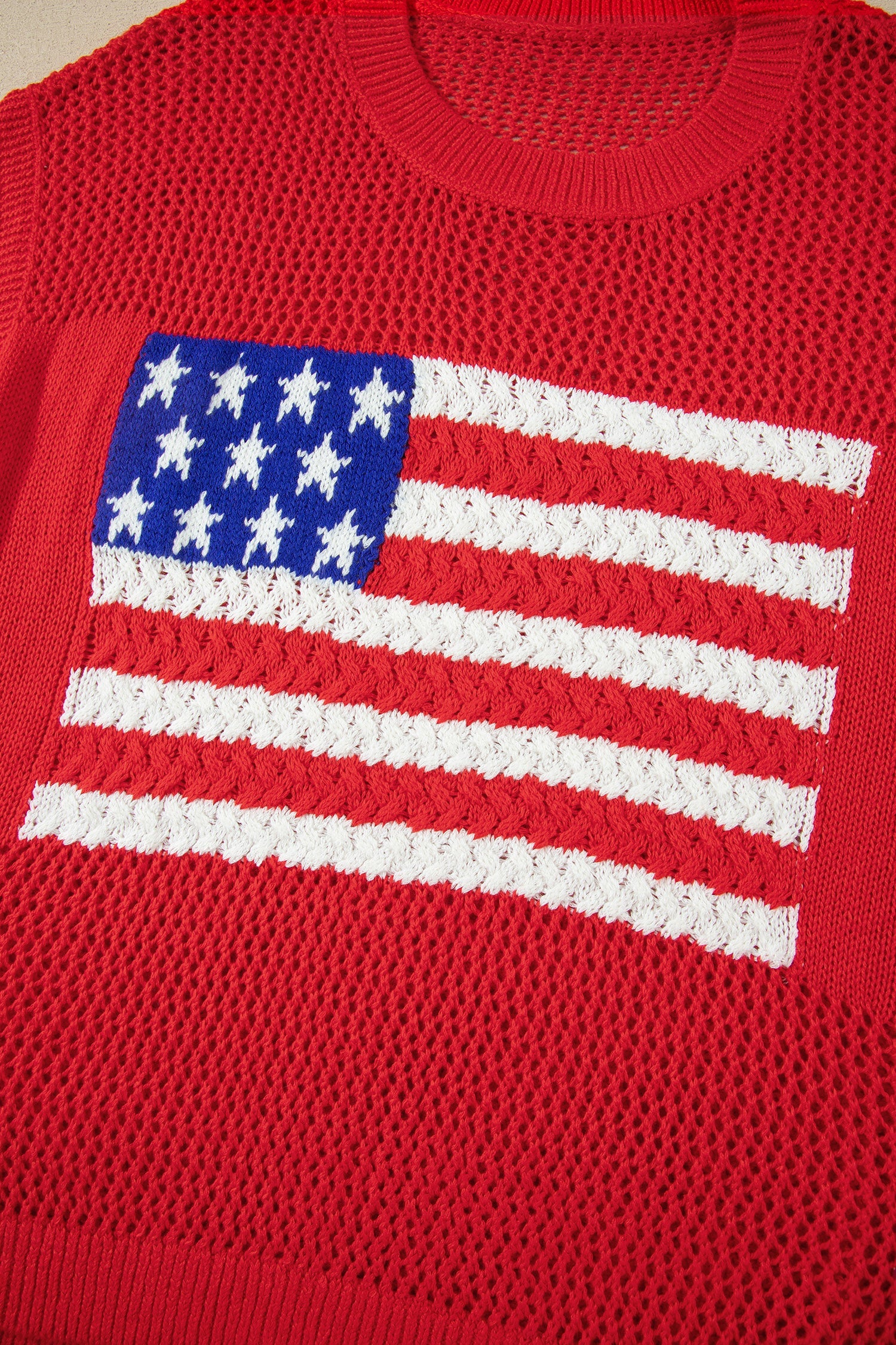 USA Flag Crochet Short Sleeve Sweater Top