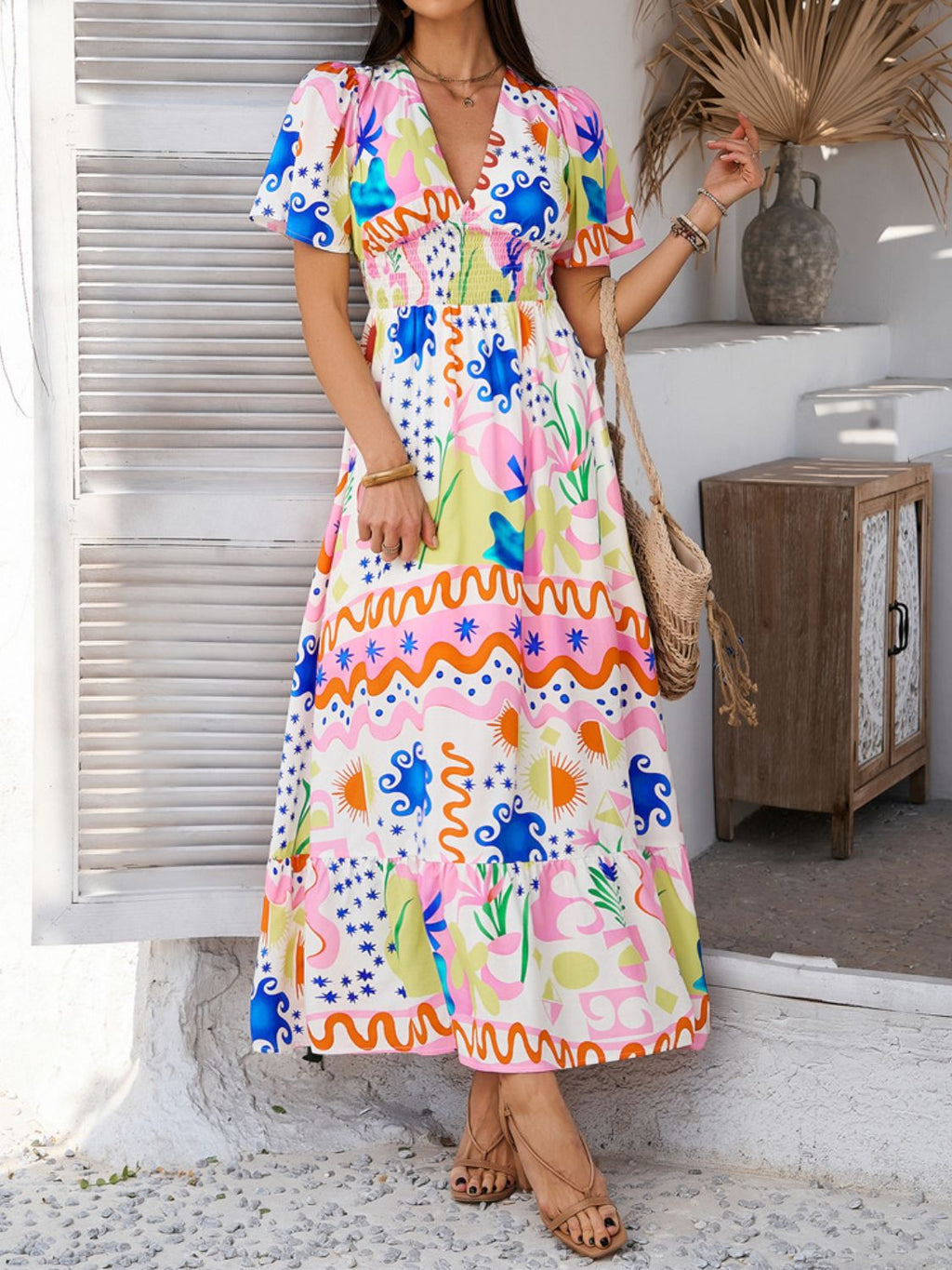 Printed V-Neck Short Sleeve Maxi Dress with Smocked Detail