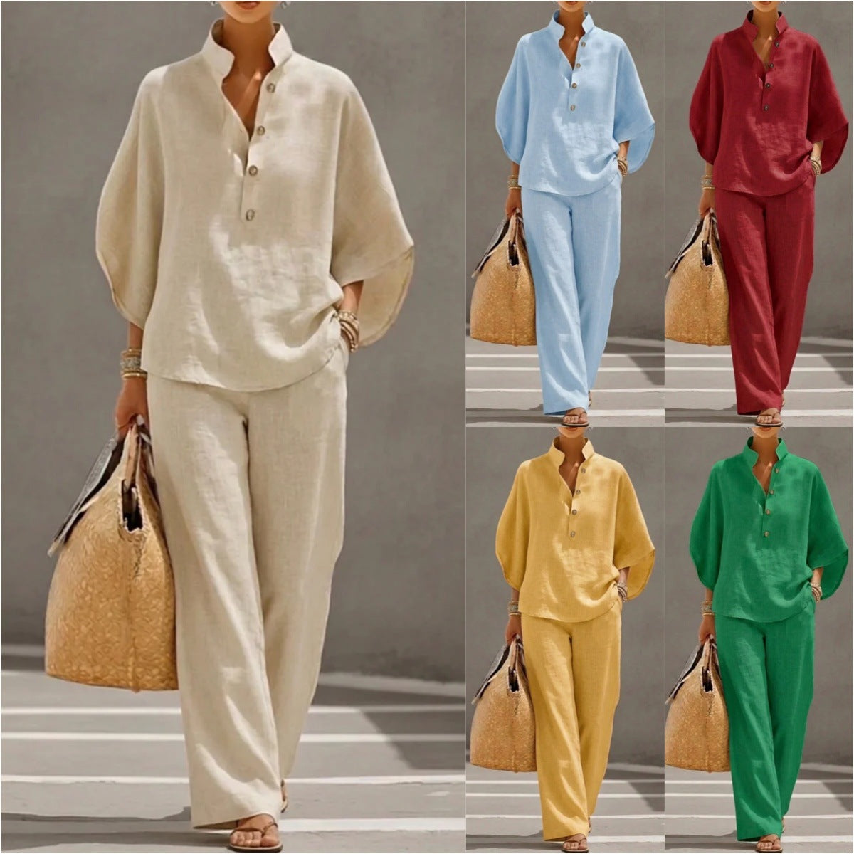 A woman wearing a beige two-piece matching set featuring a long-sleeve button-up shirt and relaxed-fit full-length pants.