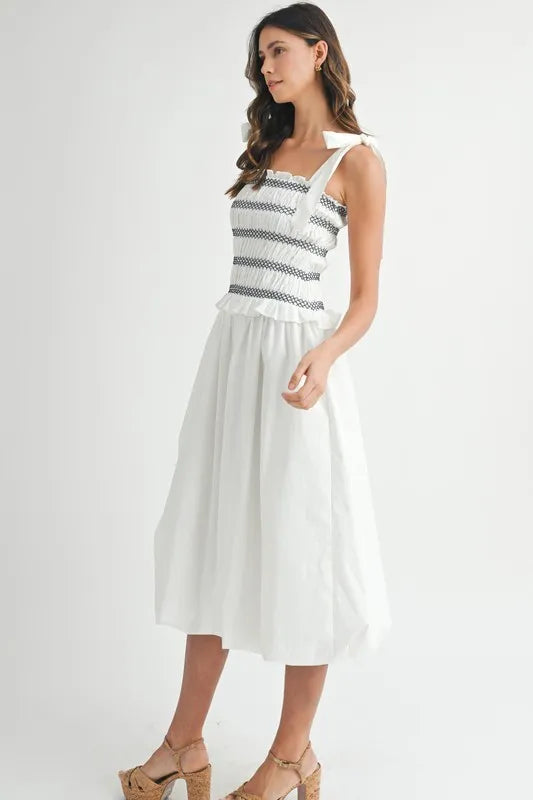 Smocked Bodice Bubble Midi Dress For Women – Stylish Smocked Bodice, Playful Bubble Skirt, Trendy Midi Dress, Chic Casual Look for Summer Outings
