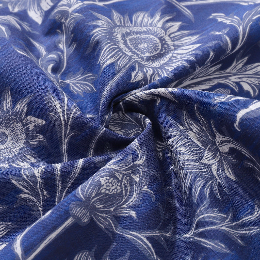 Blue and White Porcelain Sunflower Shirt Short Sleeve Cotton
