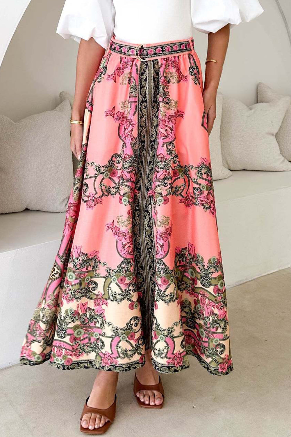 Pink Boho Abstract Print Beltd High Waist Skirt