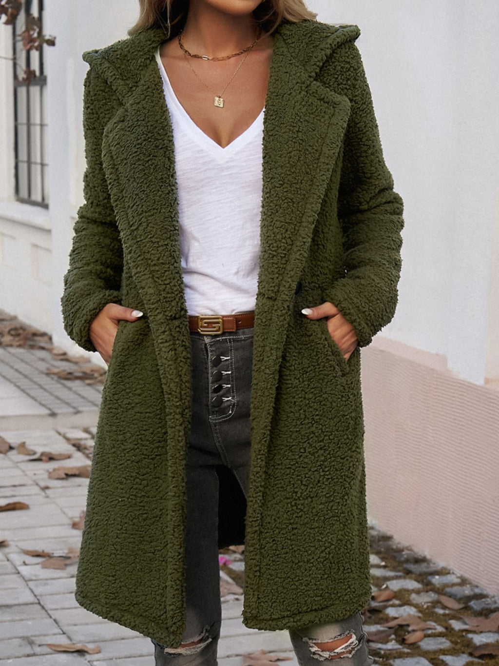 Women's Long Sleeve Hooded Teddy Coat with Button Closure - Image 3