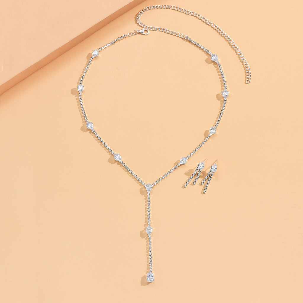 Women Graduated Teardrop Y Lariat 2Pcs Jewelry Set, Thin Single Row CZ Tennis Necklace Matching Vertical Waterdrop Dangle Earrings Gold Rhodium Two Tone Plated For Wedding Valentine Daily Gift