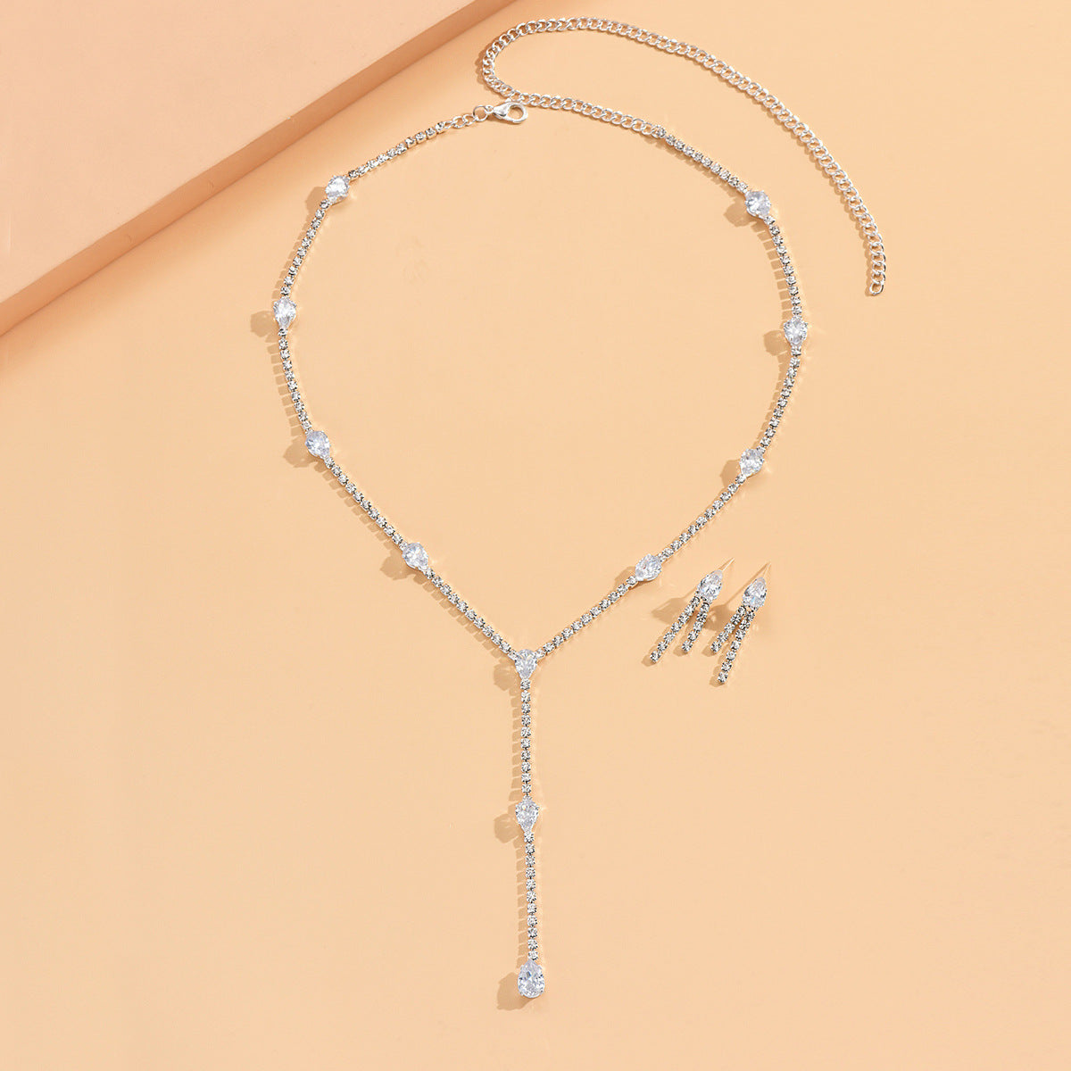 Women Graduated Teardrop Y Lariat 2Pcs Jewelry Set, Thin Single Row CZ Tennis Necklace Matching Vertical Waterdrop Dangle Earrings Gold Rhodium Two Tone Plated For Wedding Valentine Daily Gift