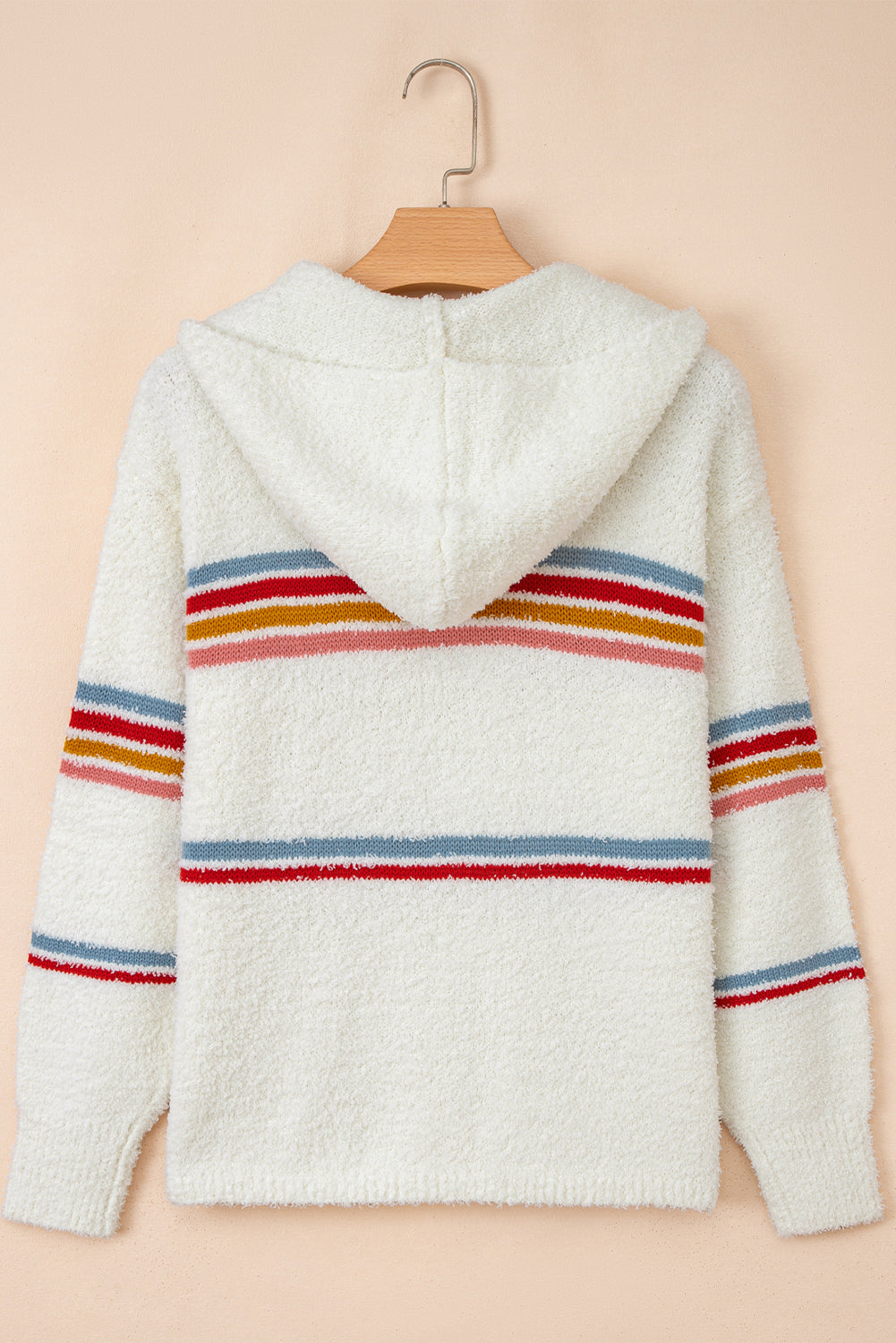 White Striped Popcorn Knit Hooded Sweater - Image 2