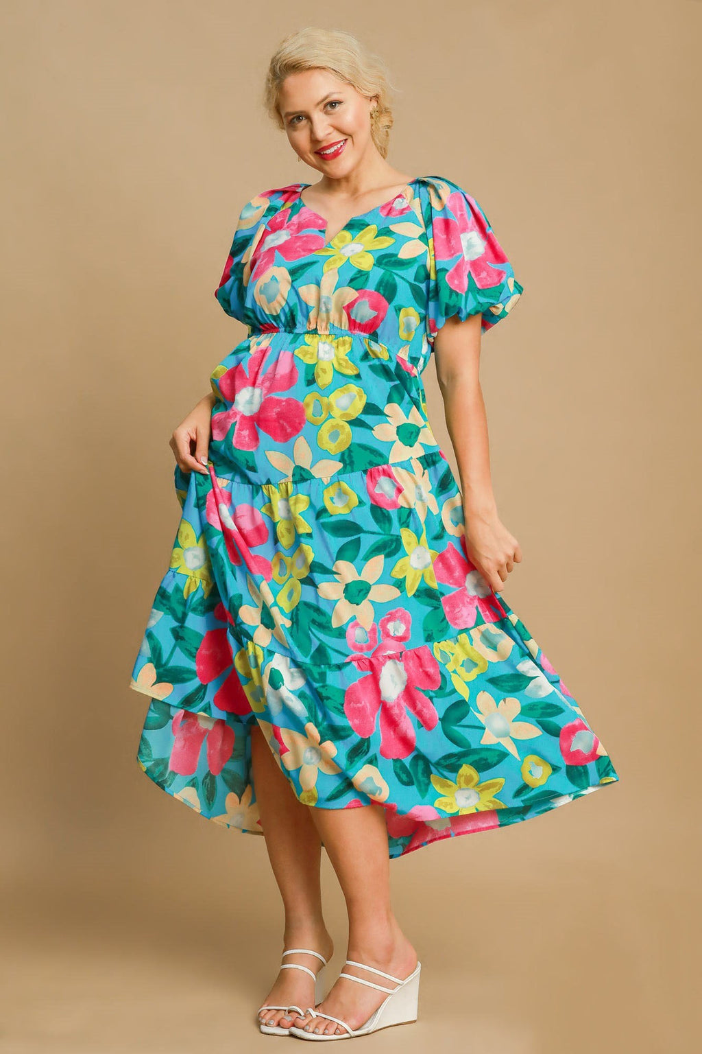 Floral Print Puff Sleeve Midi Dress with Tiered Flowy Hem