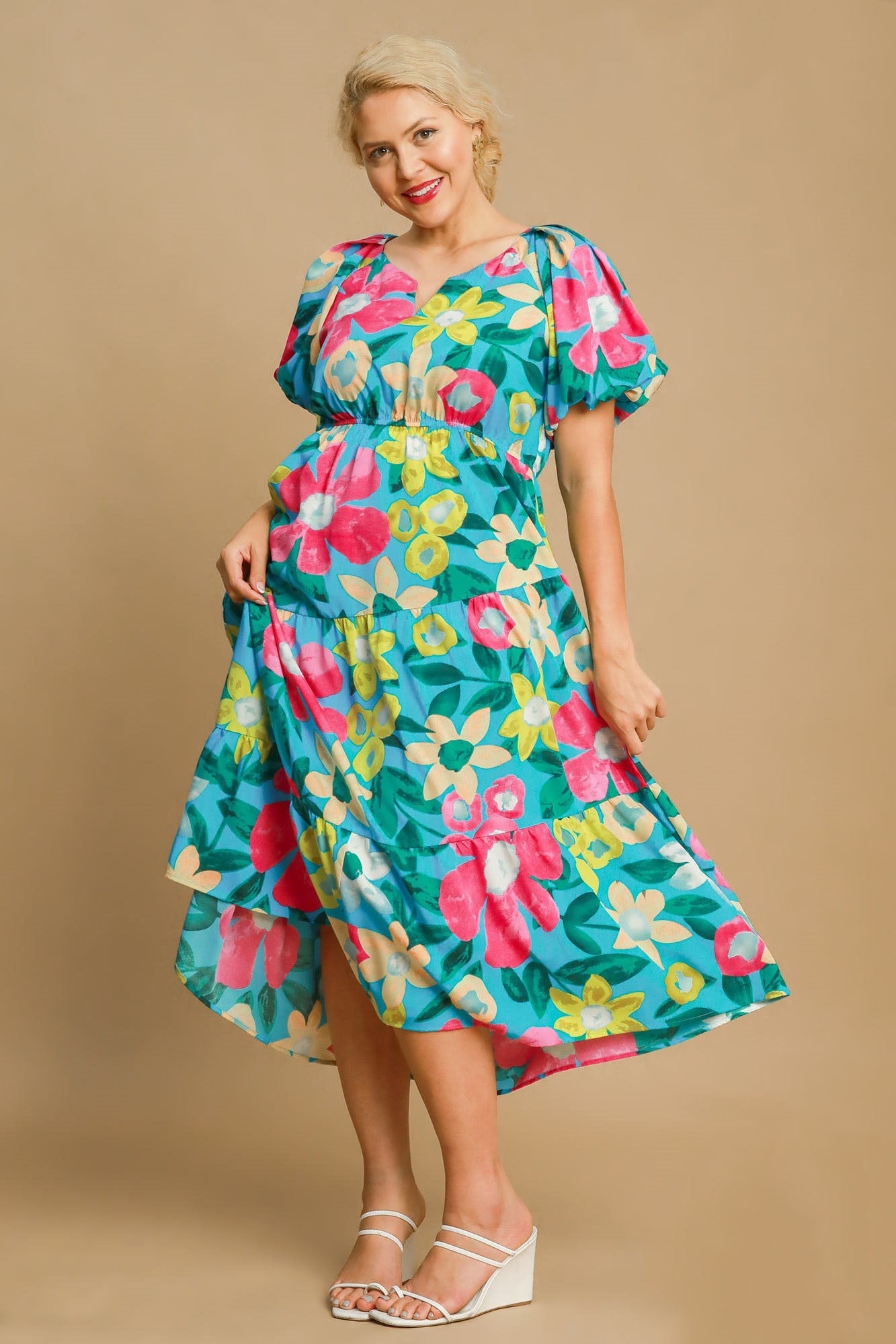 Floral Print Puff Sleeve Midi Dress with Tiered Flowy Hem
