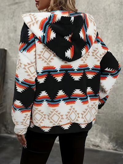 Geometric Print Sherpa Zip-Up Jacket with Hood and Pockets