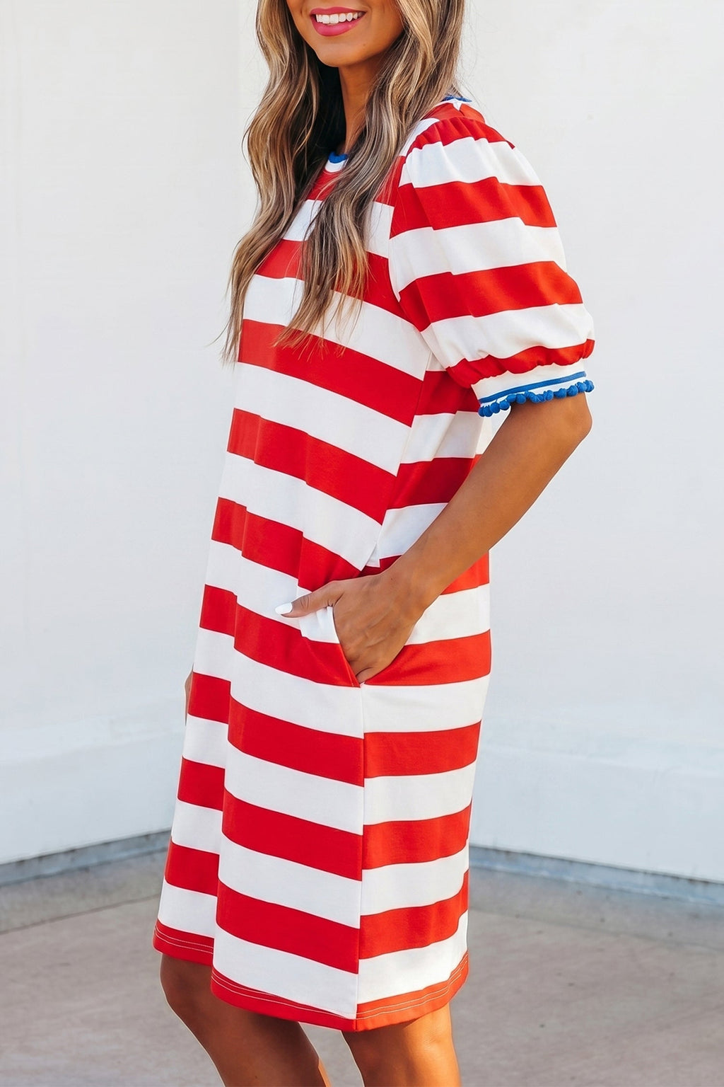 Miriam Striped Ruffled Shift Mini Dress in Red White and Blue