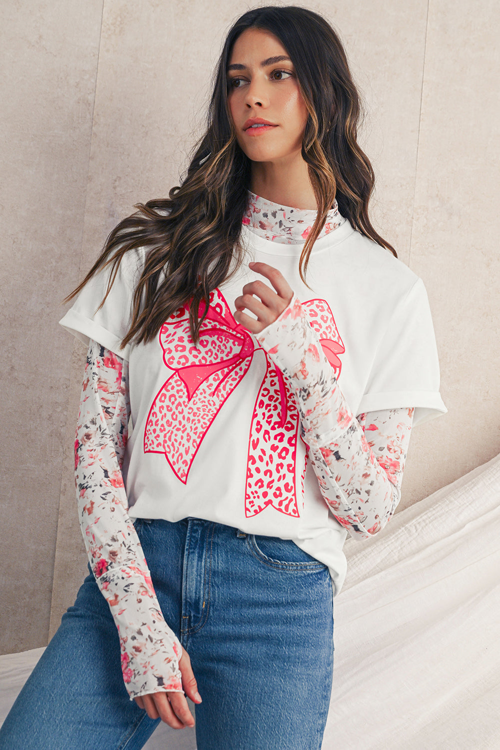 White Leopard Bowknot Graphic Crew Neck Tee | Soft Cotton Blend