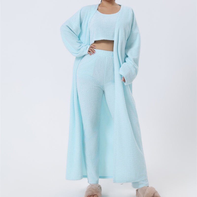 A soft knit 3-piece pastel lounge set including a crop top, wide-leg pants, and a long cardigan.