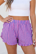 Loretta striped ruffle trim casual shorts in pink and purple featuring an elastic waistband and relaxed fit.