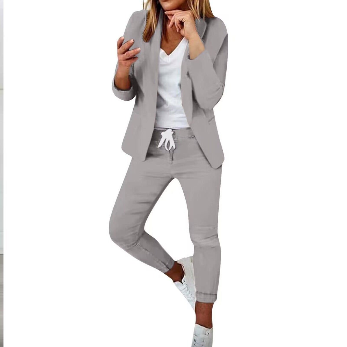 Women Notch-Lapel Blazer and Drawstring Pants Two-Piece Suit
