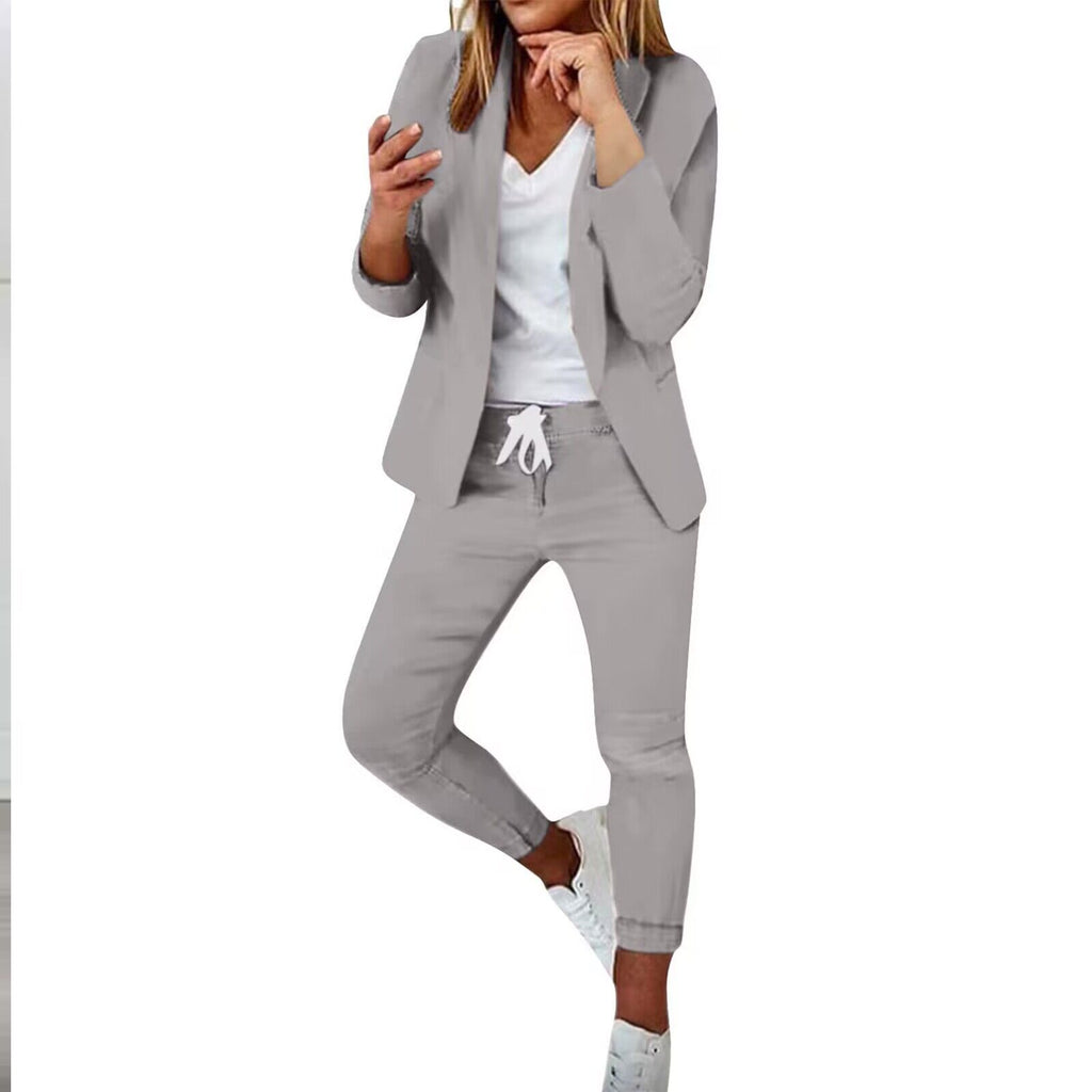 Women Notch-Lapel Blazer and Drawstring Pants Two-Piece Suit