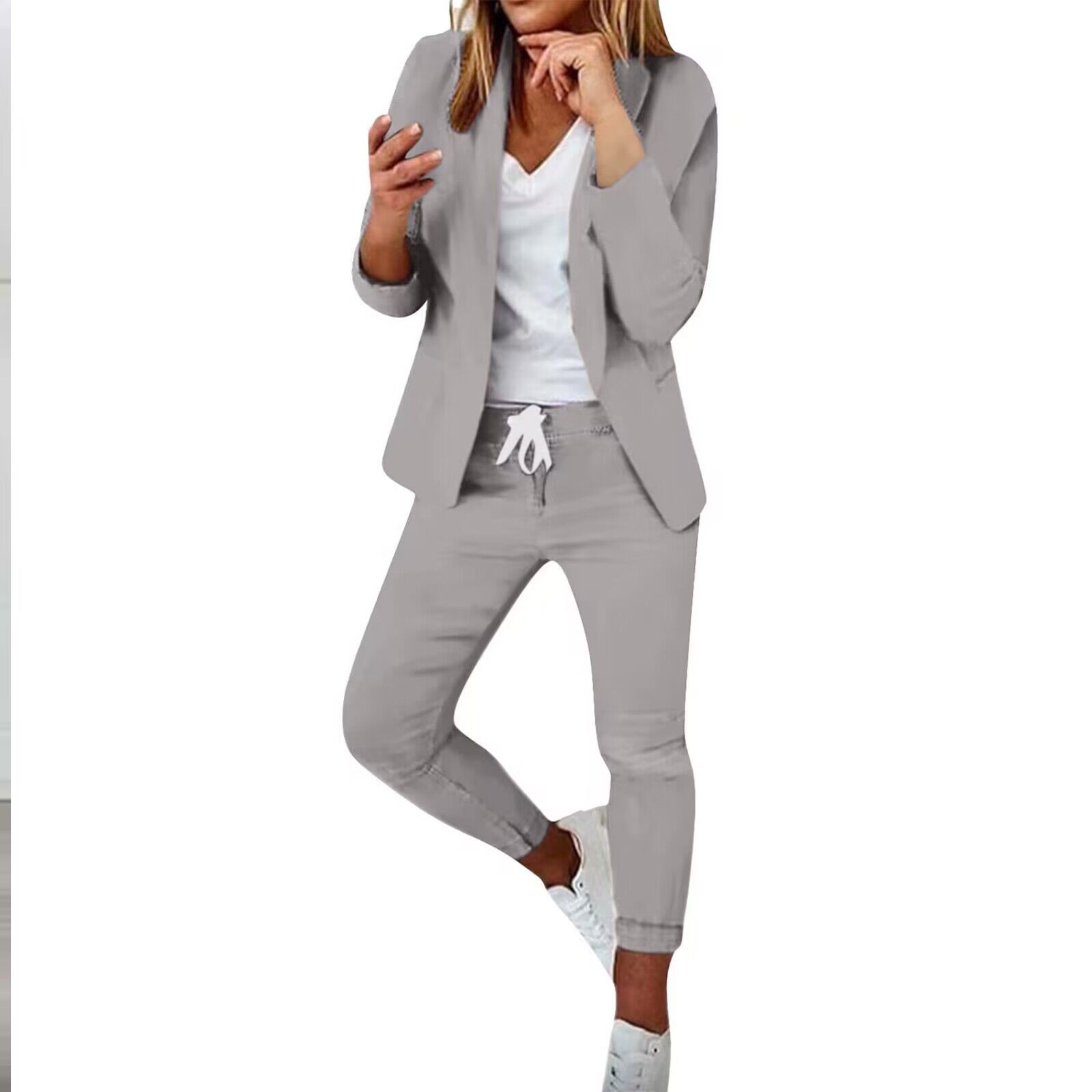 Women Notch-Lapel Blazer and Drawstring Pants Two-Piece Suit